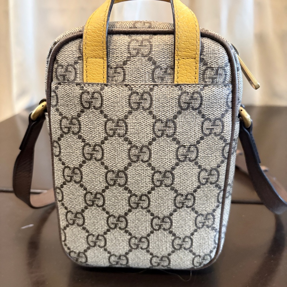 Gucci Beige Brown GG Canvas Mini Crossbody Backpack with Yellow Handle - Picture 4 of 12